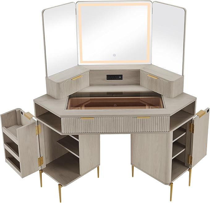 T4TREAM 48 Fluted Makeup Vanity Desk with HD Triple Mirror and Lights Large Lighted Corner Vanity with Glass Top Modern Dressing Table with 3 Drawers &amp 2 Cabinets for Bedroom White Alder