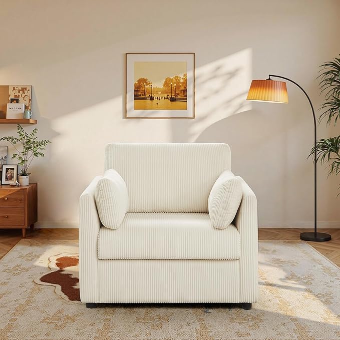 Modern Corduroy Accent Chairs 38 W Comfy Armchair with Soft Pillows and Side Pockets Single Reading Chairs for Living Room Bedroom Apartment Beige