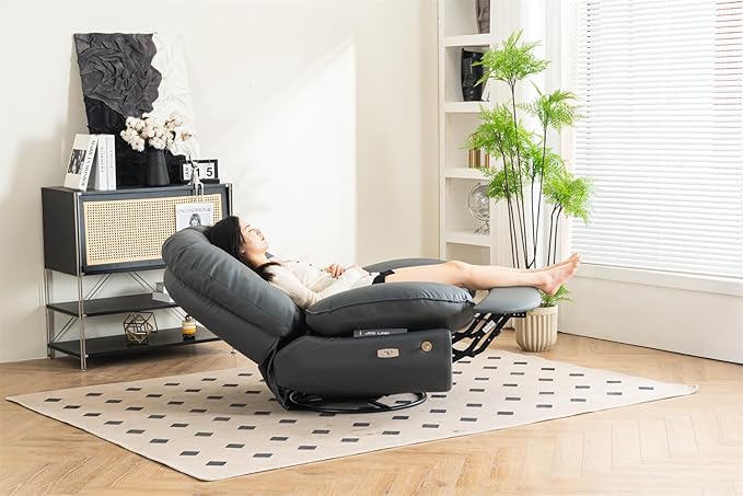Power Recliner Sofa Chair 270 Degree Swivel Leisure Single Sofa with Button Control Wireless Speaker USB Ports Hidden Arm Storage and Phone Holder for Living Room Bedroom Grey PU (Without LED)