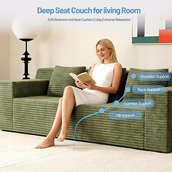 Boneless Couches for Living Room 71 Modern 3 Seater Sofa with Deep Seat Comfy Cloud Sofa with Corduroy Fabric No Assembly Couch Couches for Bedroom Dorm Apartment (Green)