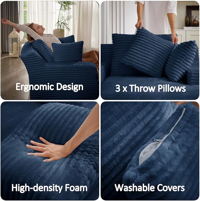50 Chaise Lounge Chair Indoor Corduroy Lazy Sofa Bed Sleeper Chair with 3 Pillows &amp Spring Cushion Oversized Reading Chair for Living Room Apartment Blue