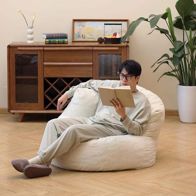 N&ampV Large Crescent Bean Bag Chair Adult Size Bean Bag Sack Foam Filling Soft Premium Corduroy Bean Bag for Living Room Bedroom Dorm and Office (Ivory)