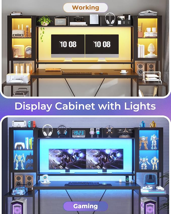 SEDETA Gaming Desk 74.8'' with LED Lights Hutch and Storage Shelves Computer Desk with Monitor Stand Large PC Gamer Desk Workstation Ergonomic Gaming Table for Bedroom Living Room Black