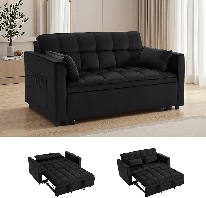 Loveseat Sleeper Sofa 3 in 1 Convertible Sofa Bed Adjustable Backrest Comfy Pull Out Couch Modern Upholstered Sofa for Living Room Bedroom Apartment Small Space (Black)