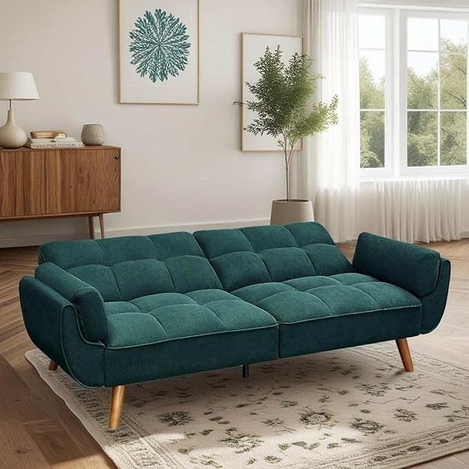 Convertible Futon Sofa Bed Modern Futon Couch with 2 Pillows Small Futons Couch with Adjustable Armrest &amp Backrest Loveseat Sofa Bed for Living Room Bedroom Green