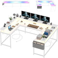 U Shaped Desk with Power Outlets USB Ports &amp RGB LED Lights 79 Inch Large Corner Computer Desk with Monitor Stand Reversible Gaming Desk for Home Office Ergonomic Workstation (White)