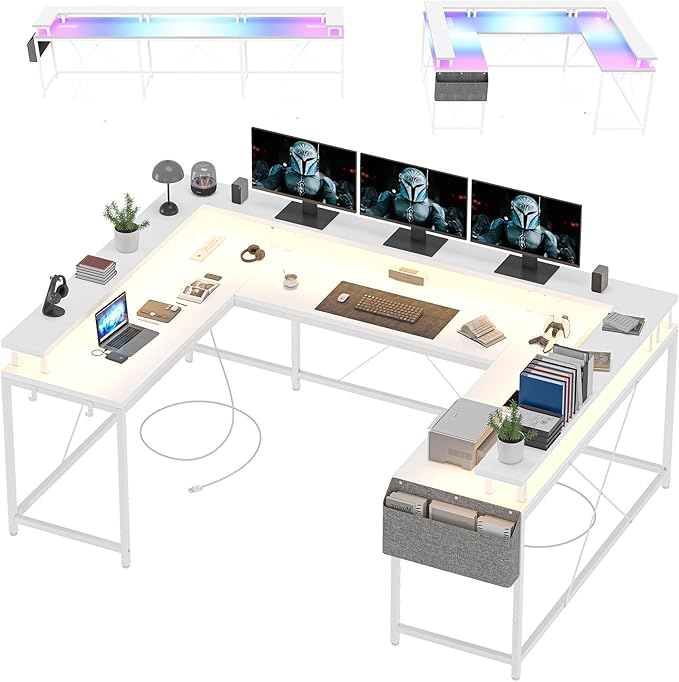U Shaped Desk with Power Outlets USB Ports &amp RGB LED Lights 79 Inch Large Corner Computer Desk with Monitor Stand Reversible Gaming Desk for Home Office Ergonomic Workstation (White)
