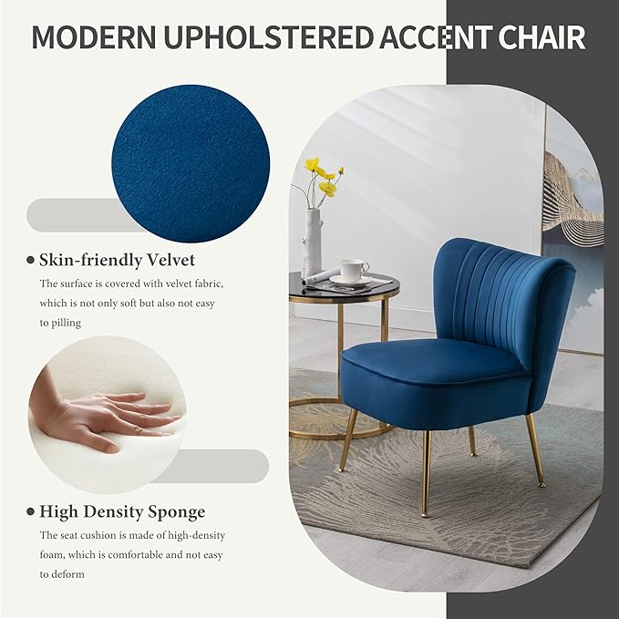 KCC Modern Velvet Upholstered Accent Chair Set of 2Mid Century Living Room Chairs with Golden LegsComfy Armless Chair Wingback Single Sofa Side Chair for BedroomBlue