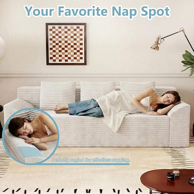 71Cloud Loveseat SofaModern 2-Seater Boneless Couch with 3Pillows &amp Side PocketSoft Corduroy LoveseatCompressed FoamDeep SeatNo Assembly for Living RoomBedroomApartment(Tilted Armrest Whi