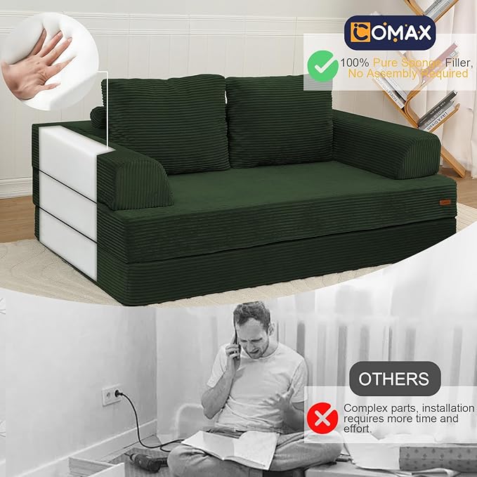 COMAX Convertible Sofa Bed Folding Floor Couch Corduroy Fold Out Couch Bed Futon Sleeper Mattress with Pillows Boneless Sofa Comfy Lounge Loveseat for Living Room Bedroom Green