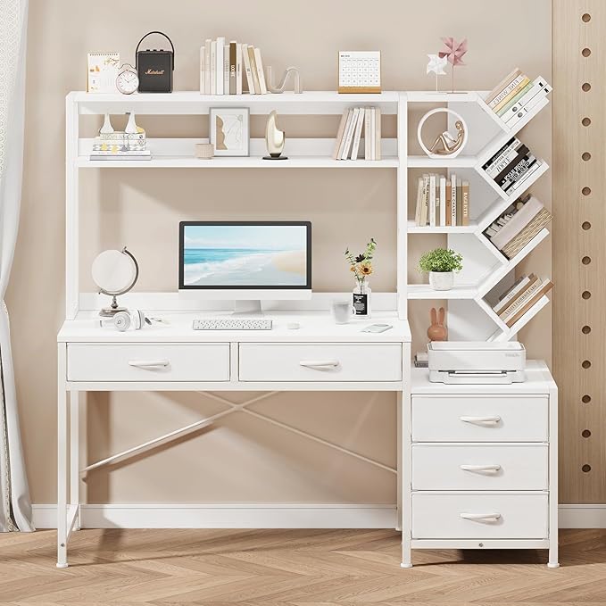 Reversible Computer Desk with Hutch Home Office Desk with 5 Drawers and Bookshelf 52'' Study Writing Desk with Storage Shelves for Bedroom Home Office White
