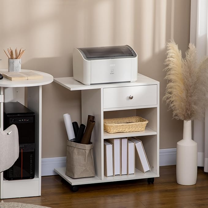 White Mobile Filing Cabinet with Drawer 2 Open Storage Spaces 4 Wheels Rectangular Portable Filing Cabinet Modern for Office Study Room