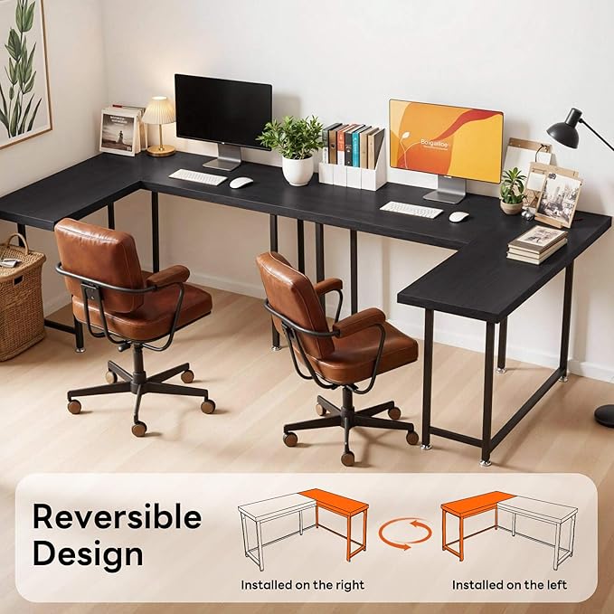 ivinta L Shaped Desk Modern Corner Home Office Computer Desk with 2 Thicker Desktop for Study Work Simple Reversible Worksation with Metal Frame for Bedroom Living Room Novas (Black)