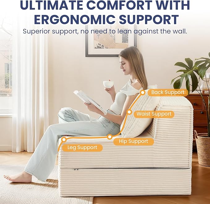Convertible Sofa Bed Fold Out Loveseat Sleeper Sofa Chair with Pillow Folding Sofa Bed with Back Support Portable Chair Bed Comfy Floor Lounge Sofa for Living Room Bedroom Guest Room Beige