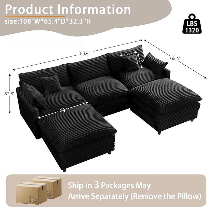 108'' Modular Sectional Sofa U-Shaped Sectional Couch with Deep SeatComfy Fluffy Soft Corduroy 5-Seat Couches Modern Convertible Cloud Sofa with Ottoman for Living Room Small Apartments(Black)