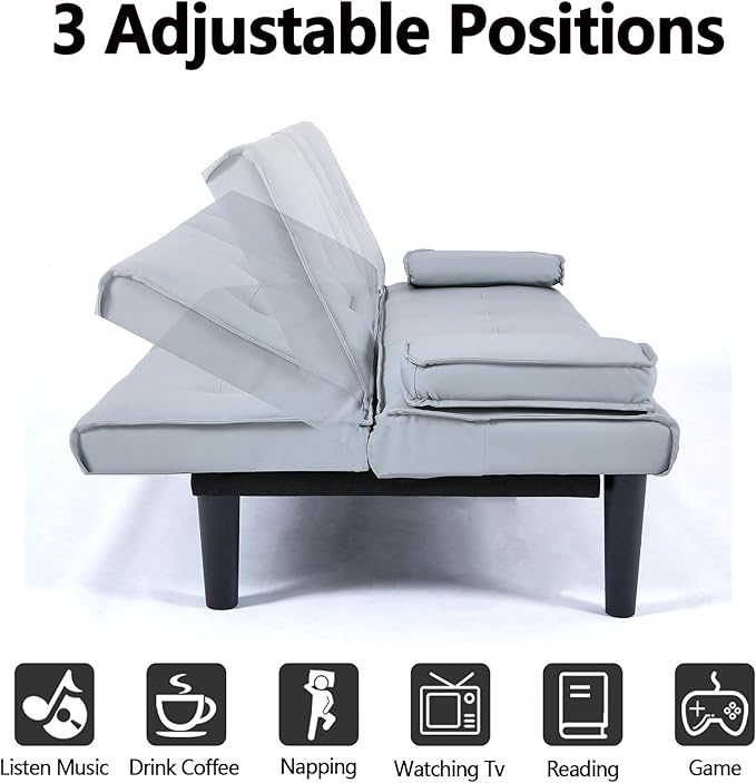 Light Gray Futon Sofa Bed - 67 Convertible Sleeper Loveseat Couch with Adjustable Backrest 2 Seater Small Futon Couch with Removable Armrests for Living Room Bedroom Dorm Apartment (Light Gray)