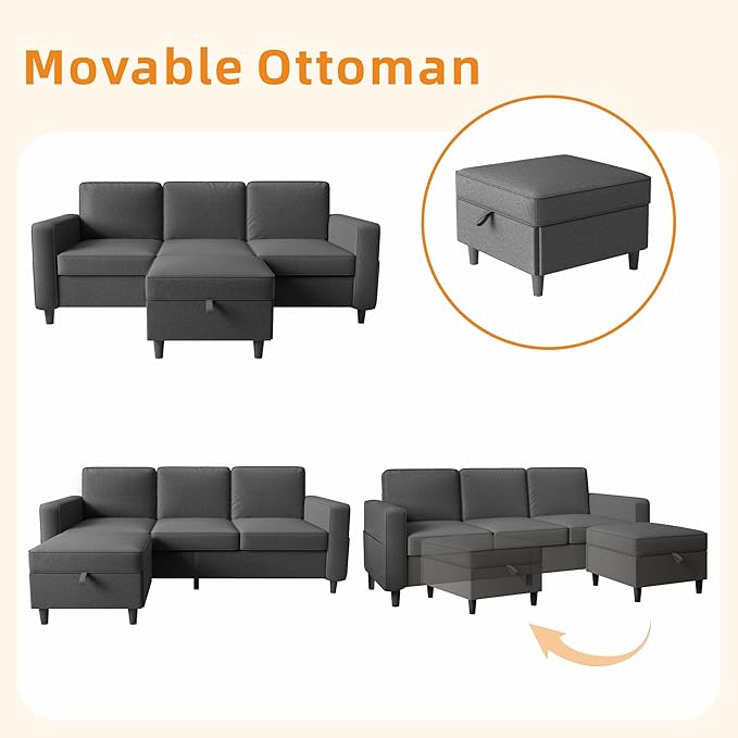 Sectional Sofa and Couches for Living Room - 78'' Dark Grey 3 Seat L-Shaped Couch with Storage Ottoman Modern Linen Convertible Sectionals Sofas with Chaise for Apartment Office Small Space