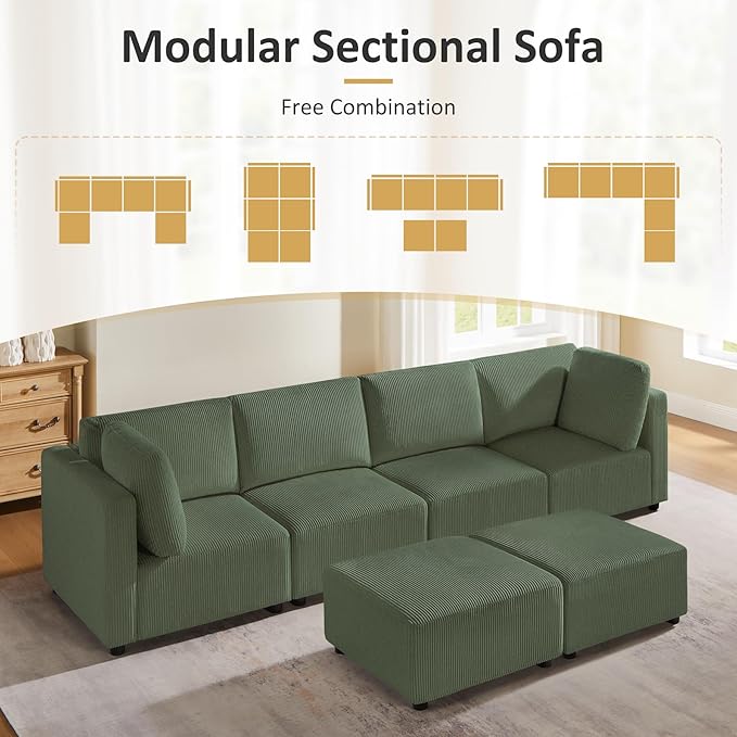 U Shaped Modular Sectional Sofa with Ottomans 123.6 Corduroy Sectional Sofa with Chaise 6 Seater Convertible Modular Sleeper Sofa Bed Free Combination Couch for Living Room Apartments