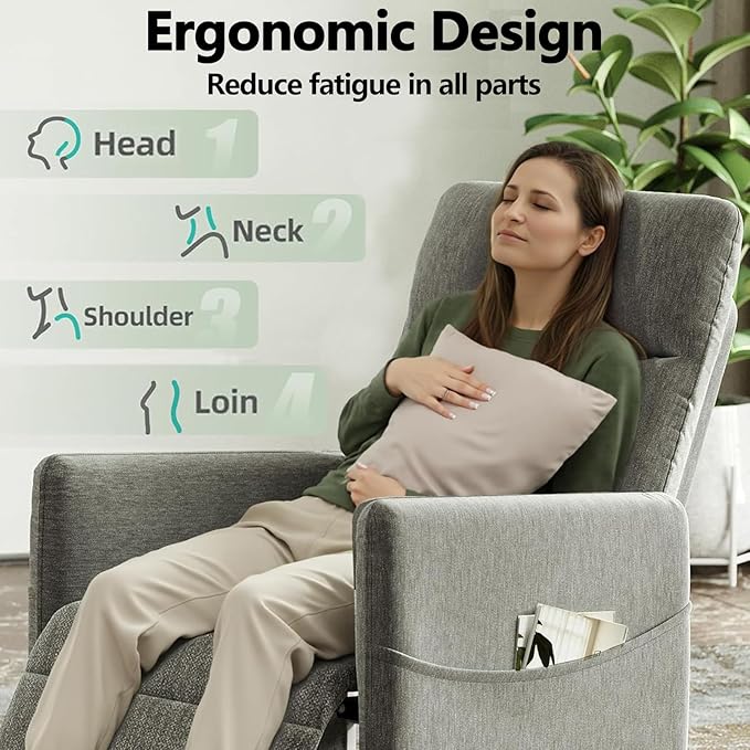 Black Power Recliner Chairs for Adults Lash Chair &amp Lay Flat Recliner for Small Spaces Living Room Bedroom Offices Theater Adjustable Footrest &amp Backrest/Side Pockets/USB (Light Grey)