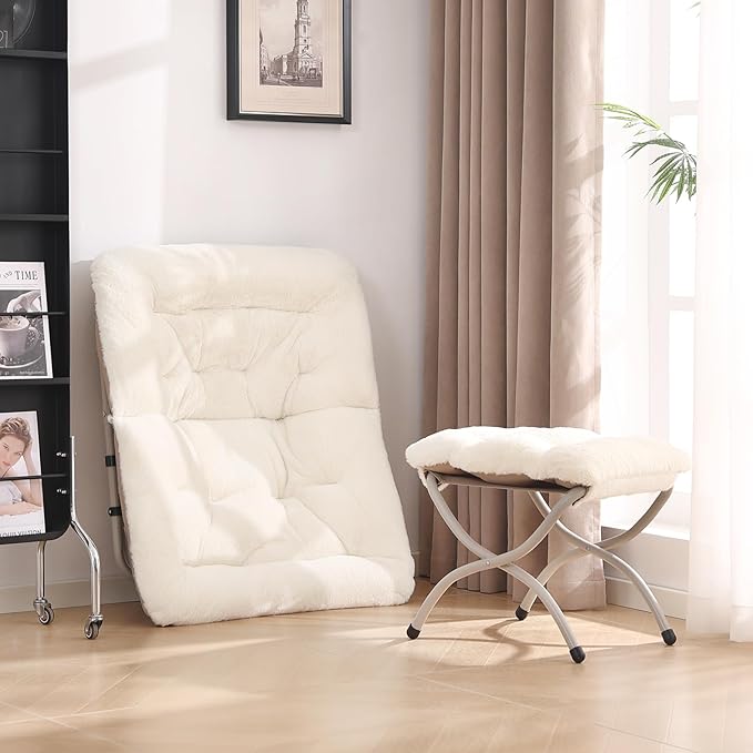 Saucer Chair with Ottoman Comfy Oversized Folding Chair Faux-Fur Reading Chair for Adults Foldable Accent Lazy Chair Metal Frame Chair for Living Room Bedroom Beige