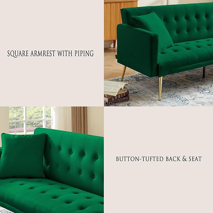 Anwick Modern Velvet Futon Sofa Bed: 72 Satin Convertible 2 Pillows Tufted Back Golden Metal Legs Folding Sleeper Loveseat for Small Space Home Office Living Room (Green)