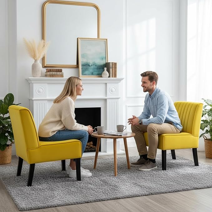 Reese Mid Century Modern Accent Chairs Set of 2 with Minimalist Design Elegant Velvet Upholstery and Solid Wood Legs Ideal for Living Room or Bedroom Yellow