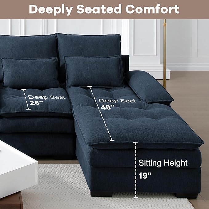 130 U Shaped Cloud Couch Modular Sectional Sofa with Chaise Lounge Comfy Fluffy Cloud Sectional Couches for Living Room Modern Modular Sofa with Central Console (Blue)