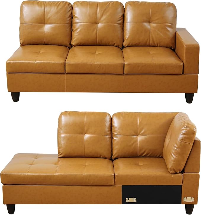 103.5 Inch Modern L-Shaped Couch PU Leather Sectional Sofa with Chaise Lounge 4-Seater Couch with Accent Pillows for Living Room Apartment Turmeric