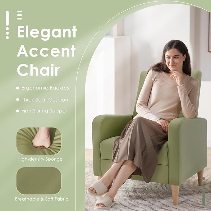 COLAMY Faux Leather Accent Living Room Chairs Set of 2 Upholstered Arm Chair Reading Side Chair Single Sofa with Back Pillow and Wood Legs L-Green