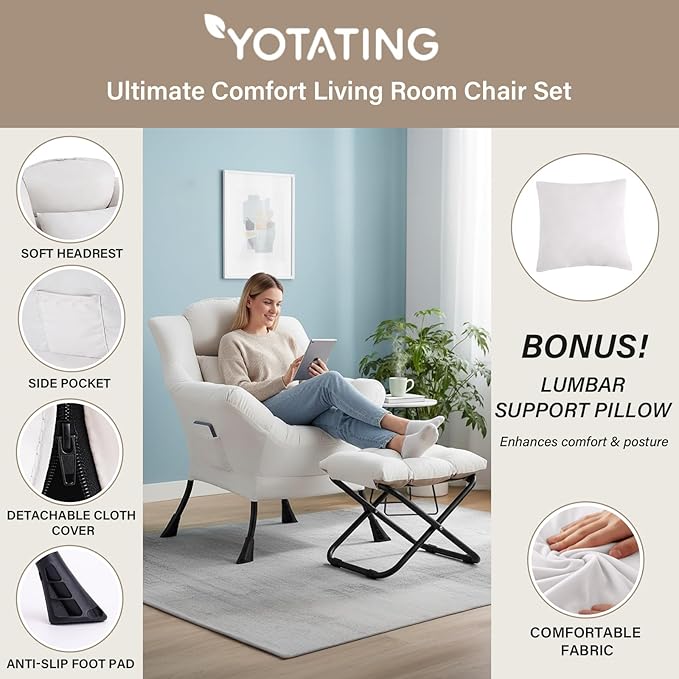 Lazy Chair with Ottoman Modern Accent Leisure Sofa Chair with Footrest Stool &amp Throw Pillow Modern Lounge Chair with Armrests for Living Room Beige