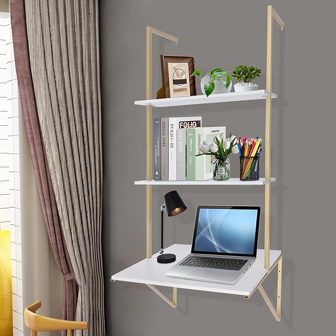 Wall Mounted Desk Floating Desk Shelf Wall Mounted Table with 3 Storage Shelves Space Saving Wall Mounted Laptop Computer Desks Ideal for Home Office Dormitory Small Spaces (White)