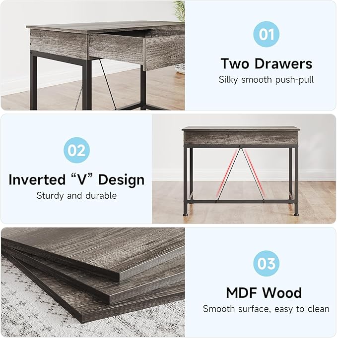 Mexin Small Desk with 2 Wooden Drawers 40 Inch Home Office Writing Desk Vanity Desk with Storage Computer Desk for Bedroom Small Spaces Table for Office Work Kids Study Makeup Gray Oak