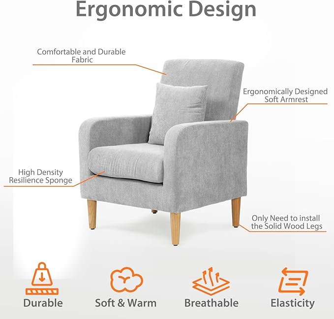 Upholstered Sofa Chair with Pillow Fabric Accent Armchair with Wooden Legs Comfy Lounge Chair for Living Room Bedroom or Office Supports up to 300 lbs (Gray)