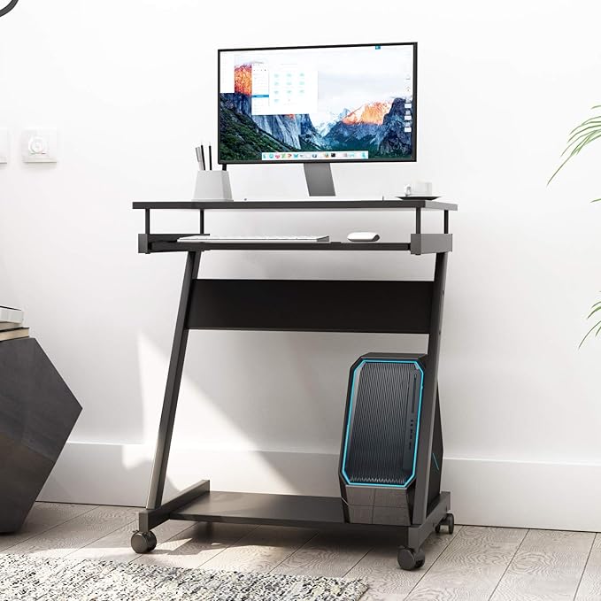 sogesfurniture Small Computer Desk on Wheels Mobile Computer Desk Small Rolling Work Workstation with Printer Shelf and Keyboard Space Computer Workstation for Home and OfficeBlack