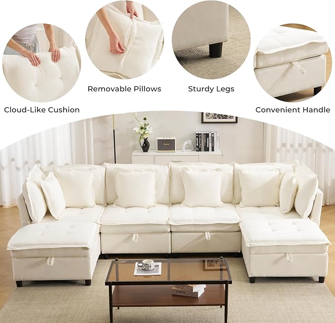 103 Modular Sectional Sofa L-Shaped Corduroy Comfy Sectional Couches for Living Room 3-Seater Cloud Couches with 1 Ottoman Modern Deep Seat Sofa with Large Storage Beige