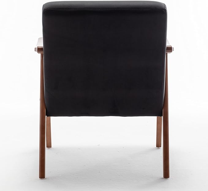 Mid-Century Modern Accent Chair with Wooden Frame High-Density Sponge Cushion 300 lbs Capacity Living Room Bedroom Office Chair 26x31.1x32.3 Inches (Leather Black)