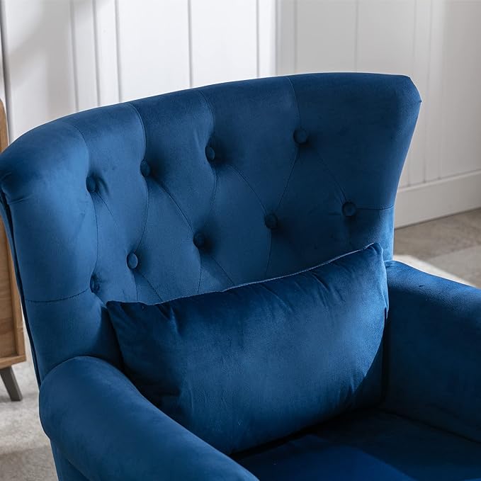 chairus Mid-Century Modern Accent Chair with Ottoman Comfy Velvet Single Sofa Chair Button Tufted Wingback Armchair with Pillow for Living Room/Bedroom/Club - Blue