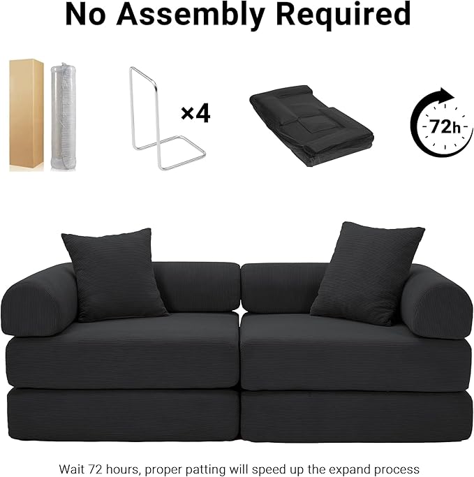 73 Convertible Sleeper Sofa Bed Corduroy Boneless Couch in a Box 4-in-1 Folding Mattress Loveseat Couch Comfy Modular Foldable Floor Sleeper Sofa with 2 Pillows and Fixed-Shape Frame (Black 73)