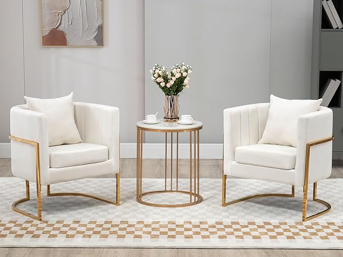 X-VOLSPORT Velvet Accent Chair Modern Barrel Arm Chair for Living Room/Bedroom/Guest Reception Upholstered Club Armchair with Pillow &amp Gold Base White