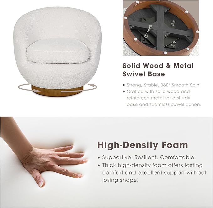 Ink+Ivy Jessel Swivel Accent Chair – Barrel Back Design Sherpa Upholstery 360-Degree Wood Base Modern Lounge Seating for Living Room or Bedroom 32 W Cream