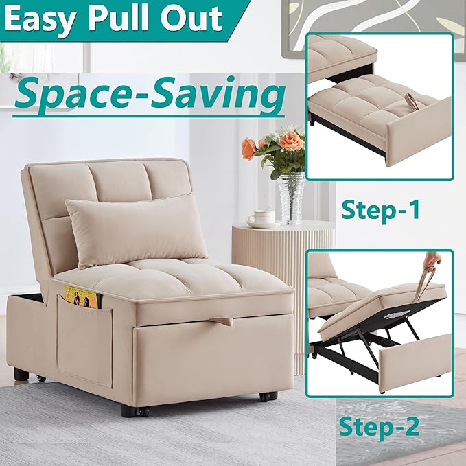 4 in 1 Sleeper Chair with Pullout BedConvertible Lazy Sleeper Sofa Chair withStorage Pockets &amp Adiustable Backrest forLiving Room (Taupe)