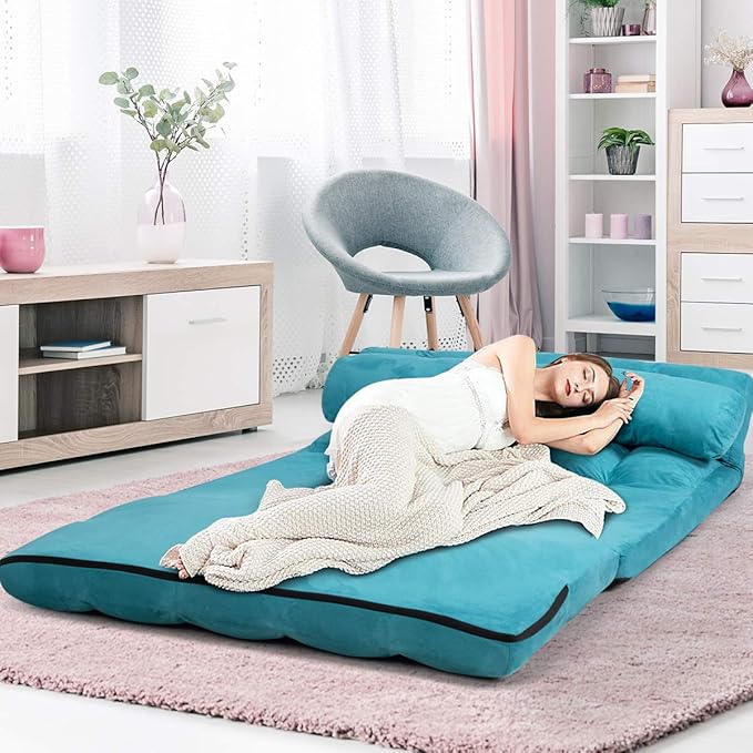 S AFSTAR Safstar Floor Folding Couch and Futon Sofa 6-Position Fabric Sleeper Sofa Bed with 2 Pillows and Sponge Filling Adjustable Lazy Sofa for Living Room and Bedroom (Blue)