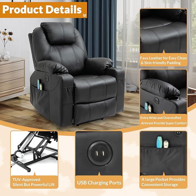Electric Power Lift Recliner Chair with Heat and Massage Lift Recliner for Elderly Single Sofa recliners for Living Room with Cup Holders 4 Pockets USB Ports Faux Leather (Black)