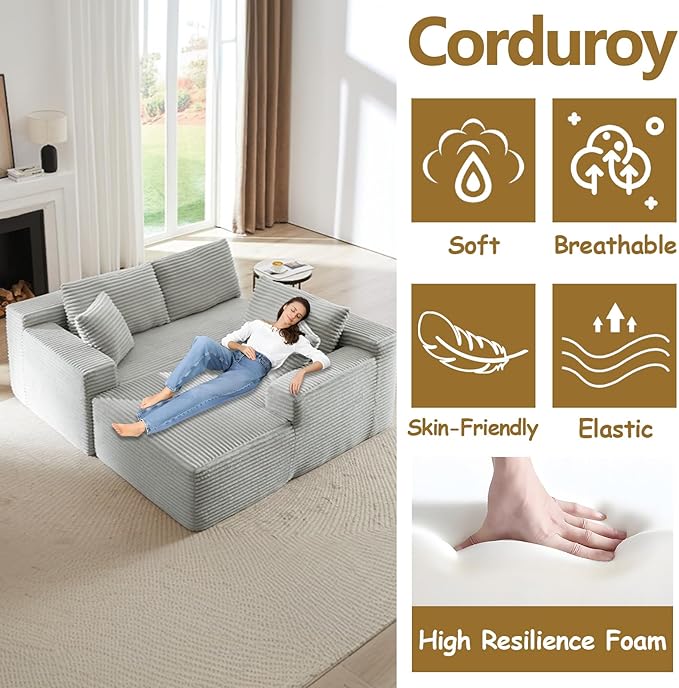 104 Cloud L Shape Couch with Chaise Modular Sectional Couches with Deep Seat Corduroy Sofas for Living Room Boneless Memory Foam Couch No Assembly (Light Grey Right Facing Chaise)