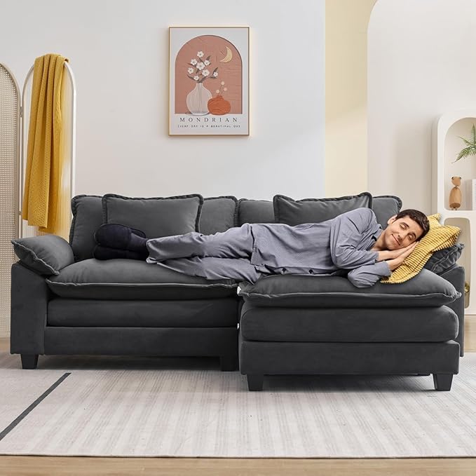 Sectional Sofa Comfy Cloud Couch for Living Room with Pillows Modern Velvet Sofa Sleeper Deep Couches with Ottoman (Grey 3-Seat)