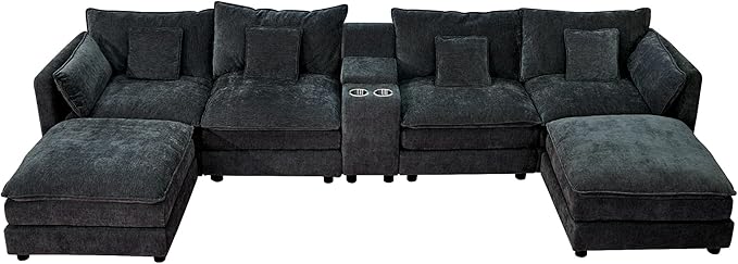 Oversized L-Shaped Modular Sectional Sofa with Storage Armrest Reversible Couch with Movable Ottoman USB Ports Cup Holders 360°Swivel Tray Comfy Cloud Cushions for Living Room (Black 144.49)
