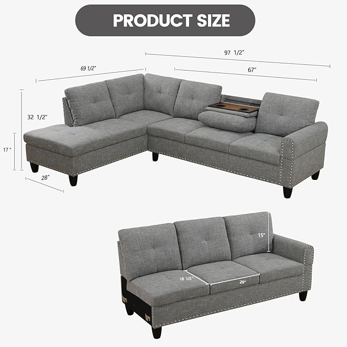 Modular L-Shaped Sectional Sofa Modern Couches with Movable Chaise Convertible 4-Seater Couch for Bedroom Apartment &amp Office Brown Grey