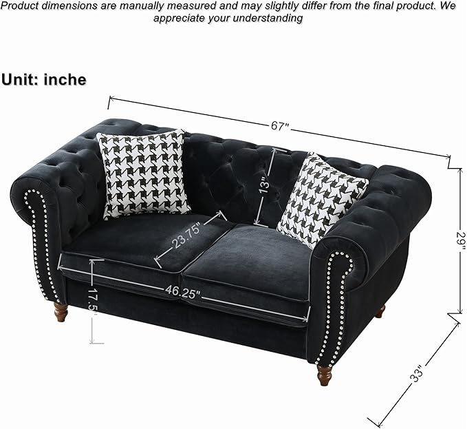 Loveseat Velvet Fabric Two- Seater Couch Buckle Design and Rivet Decoration Deep Seated Double Sofa Suitable for Living Room Bedroom Apartment Hotel etc (black-04)