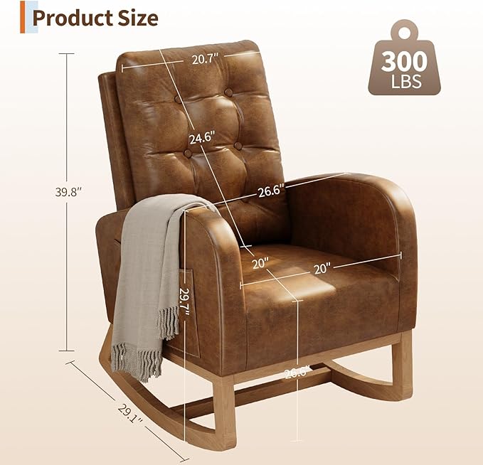 GarveeHome Nursery Rocking Chair Breathable PU Leather Upholstery Sturdy Wooden Legs &amp High Backrest Comfortable Glider Rocking Chair for Living Room or Bedroom Orange