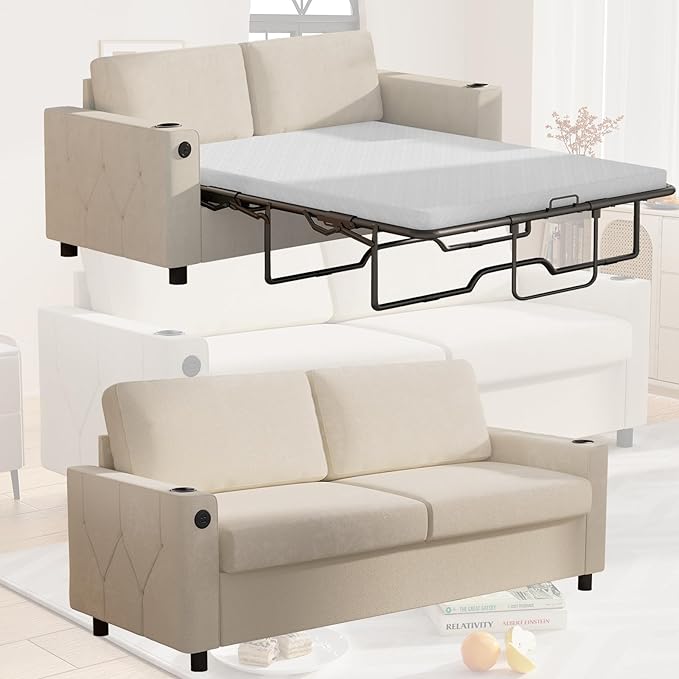 BALUS Pull Out Sofa Bed Full Size Sleeper Sofa Couch with USB Ports 2-in-1 Convertible Pullout Couchs with 2 Cup Holders &amp Memory Foam Mattress for Living Room Guest Room ApartmentWhite